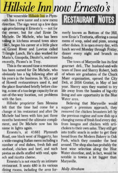 Courthouse Grille (Hillside Inn, Ernestos) - Nov 1989 Article